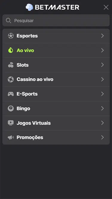 Visão da plataforma Betmaster com as opções de navegação disponíveis: esportes, ao vivo, slots, cassino ao vivo, e-sports, bingo, jogos virtuais e promoções.