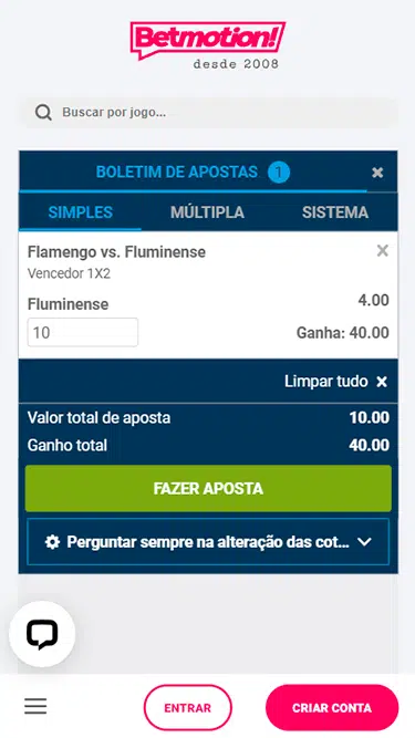 Captura de tela da Betmotion aposta simples com exemplo de jogo entre Flamengo e Fluminense. 