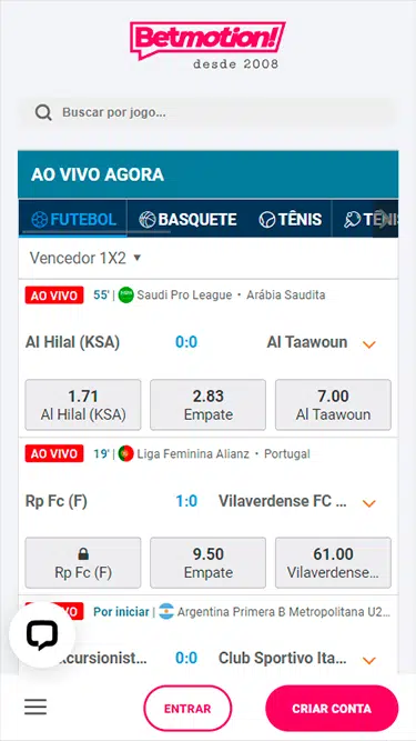 Captura da tela das Betmotion apostas ao vivo com os jogos acontecendo no momento: Al Hilal (KSA) x Al Taawoun, Rp Fc (F) x Vilaverdense FC, etc.