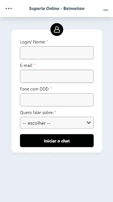 Captura da página de atendimento Betmotion com campos para inserir login/nome, e-mail, fone com DDD e assunto a ser tratado. 