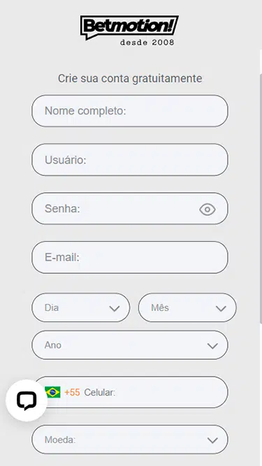 Betmotion cadastro passo 1: captura de tela com campos para inserir nome, usuário, senha, e-mail, data de nascimento, celular e moeda. 