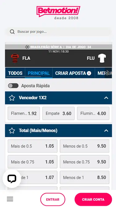 Captura da tela dos Betmotion mercados de apostas disponíveis para o jogo entre Flamengo e Fluminense: vencedor, total etc. 