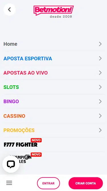 Captura de tela demonstrando a Betmotion plataforma de apostas: Home, Aposta Esportiva, Apostas Ao Vivo, Slots, Bingo, Cassino, Promoções, F777 Fighter etc.