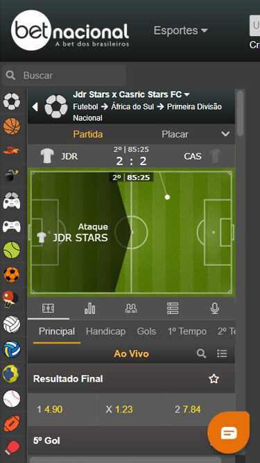 Betnacional apostas ao vivo: imagem mostra exemplo de apostas 1x2 em Jdr Stars vs Casric Stars, Primeira divisão África do Sul