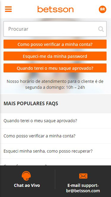 Apoio ao cliente Bettson via FAQs, chat ao vivo e e-mail