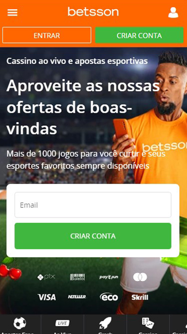 Primeira página da Betsson, onde pode Entrar ou Criar conta com e-mail