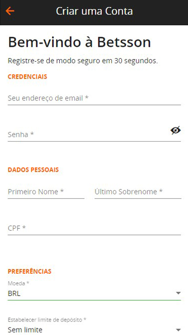 Betsson cadastro passo 2: inserir e-mail, senha, nome, CPF, e moeda