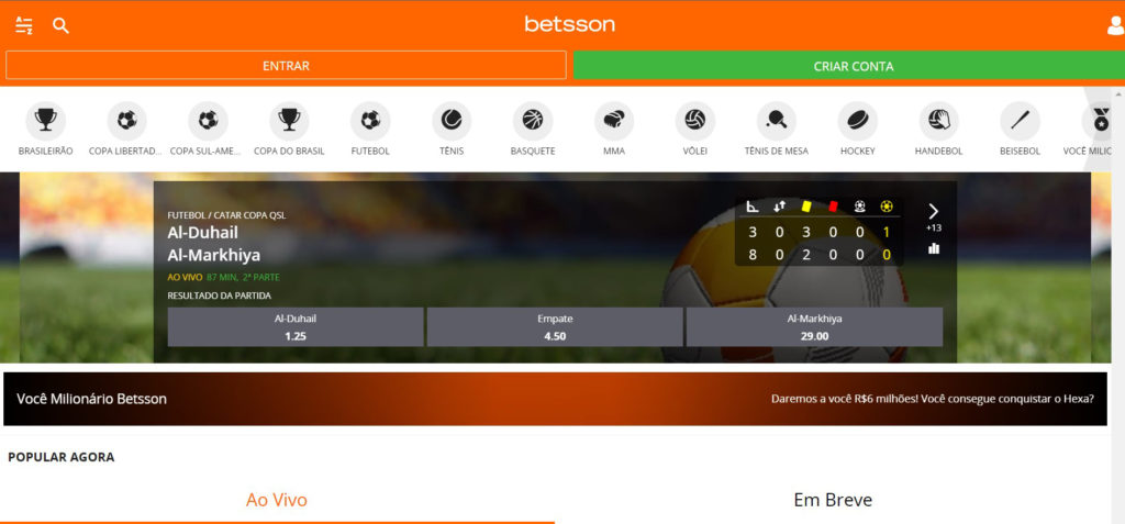 Site Betsson: login no topo, seguido de lista de esportes, abas de Ao Vivo e Em Breve.