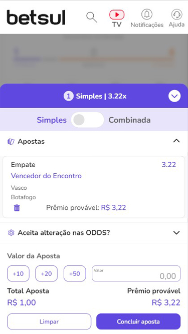 Betsul aposta simples: imagem apresenta aposta em Vencedor do Encontro Vasco vs Botafogo.
