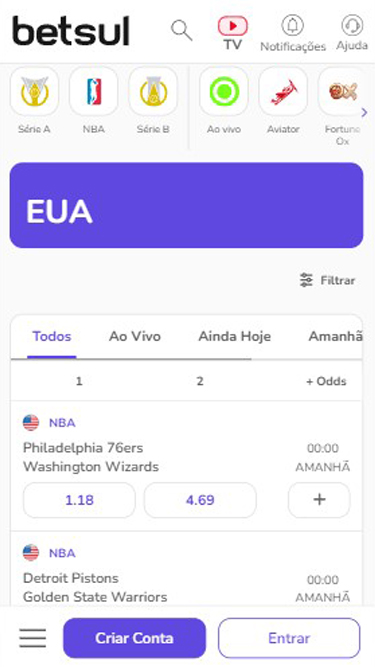 Betsul app não existe, mas o site da Betsul é responsivo. A imagem apresenta partidas de basquete: Philadelphia 76ers vs Washington Wizards e Detroit Pistons vs Golden State Warriors.