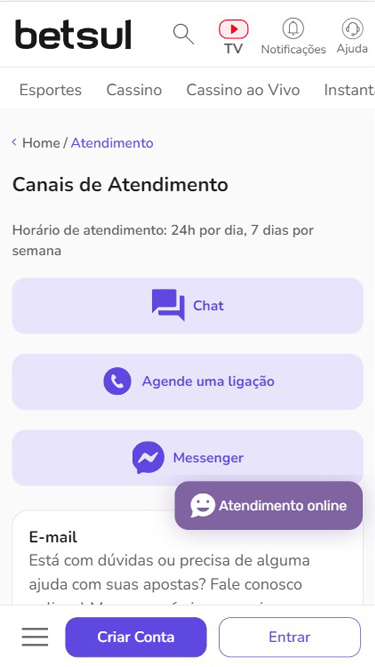 Contato com a Betsul pode ser através de chat, agende uma ligação, Messenger ou enviando um e-mail.