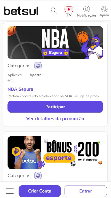 Betsul Cadastro: o passo 1 é entrar no site da Betsul. Nas Promoções, tem o bônus de boas-vindas de até R$200 no 1º depósito para esportes.
