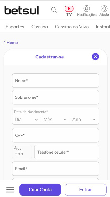 Cadastro Betsul passo 2: inserir nome, data de nascimento, CPF, celular e e-mail.