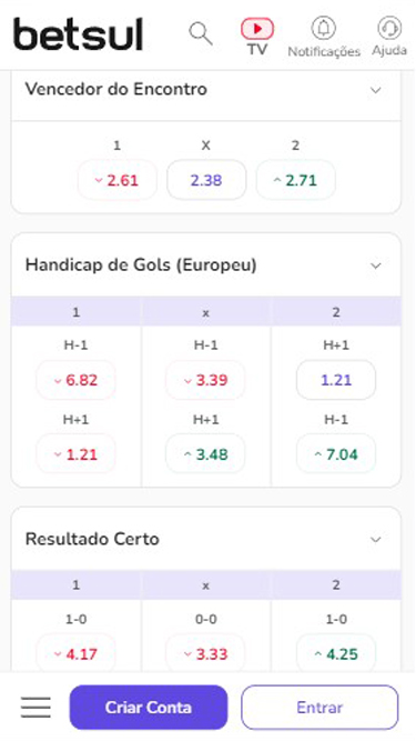 Mercados de apostas da Betsul: Vencedor do encontro, Handicap de Gols (Europeu), Resultado certo, e muito mais.