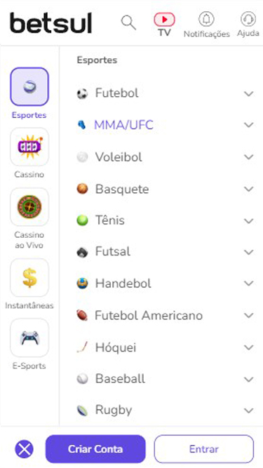 Plataforma de apostas da Betsul tem Esportes como Futebol, Tênis, Hóquei, e muito mais.