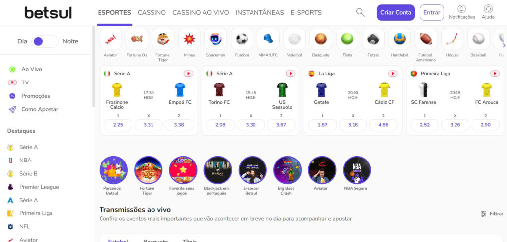 Site Betsul: apostas ao vivo, promoções de esportes e cassino, destaques como Série A, NBA, Premier League, NFL, Aviator, e muito mais.