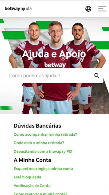 Página Betway Ajuda e Apoio tem respostas a questões sobre Dúvidas bancárias, A minha conta, etc.