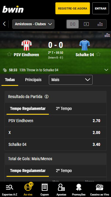 Exemplo de Bwin aposta ao vivo: PSV Eindhoven vs Schalke 04, 0-0 aos 59:50 minutos.