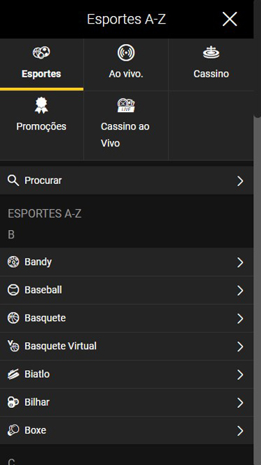 Plataforma de apostas bwin: Esportes A-Z, Ao vivo, Cassino, Promoções, Cassino ao vivo.