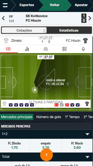 Aposta ao vivo na Casa de Apostas: SK Kvitkovice vs FC Hlucin, 1:0 aos 27:27 minutos