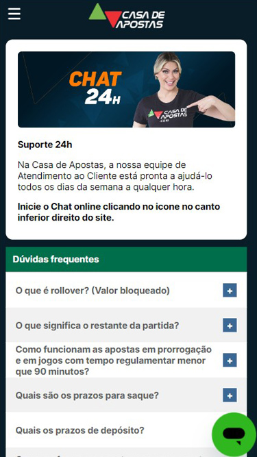 Contato da Casa de Apostas está disponível via Chat 24h e Dúvidas Frequentes