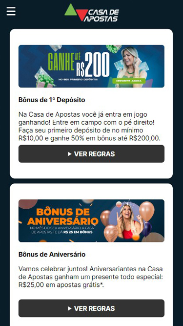 Casa de Apostas promoções: bônus de 1º depósito até R$200 e bônus de aniversário