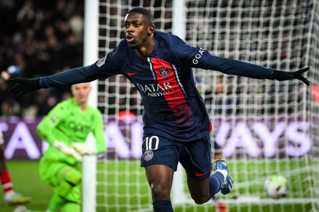 Dembele-PSG-gol-imago1037254780h Dembélé comemorando gol do PSG na vitória por 5 a 2 sobre o Monaco