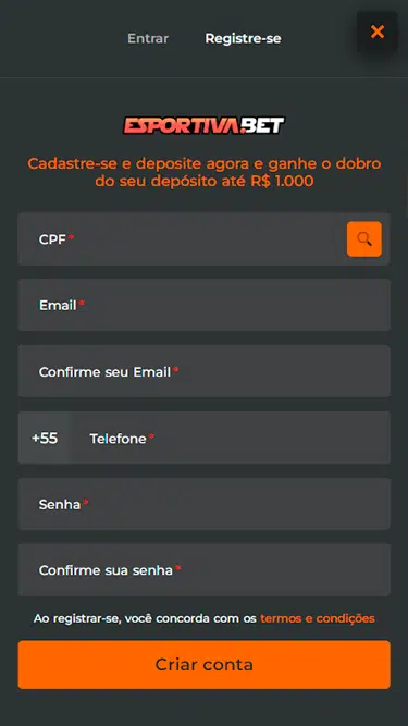 Segundo passo do cadastro Esportiva Bet com os campos para inserir CPF, e-mail, número de telefone e senha. 