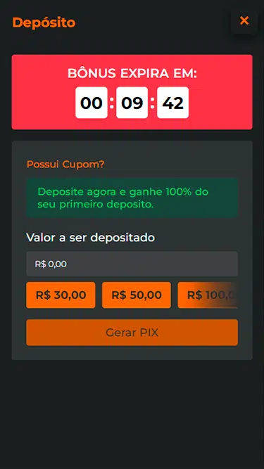 Captura da tela de depósito Esportiva Bet com oferta de bônus em destaque e opções de valores a serem depositados. 