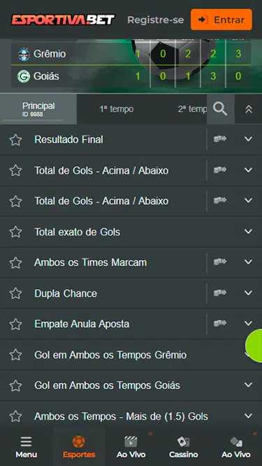 Captura de tela com os mercados Esportiva Bet disponíveis para apostar. 