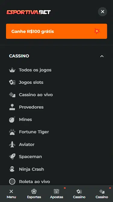 Tela demonstrando a plataforma Esportiva Bet com as diferentes seções disponíveis para navegar: Todos os jogos, Jogos slots, Cassino ao vivo, Provedores, Mines, Fortune Tiger, Aviator, Spaceman, Ninja Crash, Roleta ao vivo. 