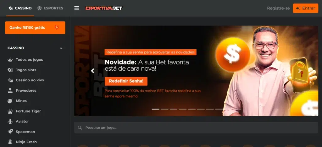 Captura da página inicial do website Esportiva Bet onde pode-se ler "Novidade: A sua Bet favorita está de cara nova!". 