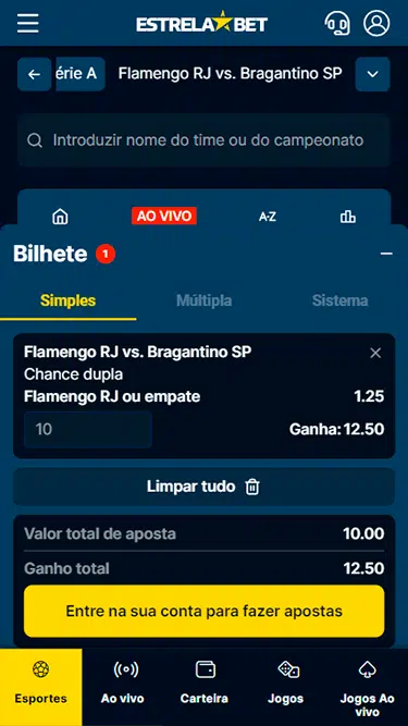 Captura da tela de aposta simples Estrelabet com exemplo de jogo entre Flamengo RJ vs Bragantino SP. 