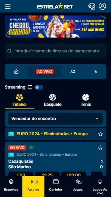 Captura da tela de apostas ao vivo Estrelabet com as opções de jogos disponíveis no momento. 