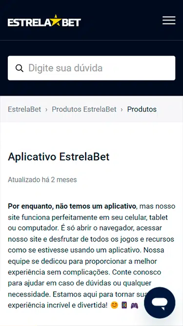 Captura de tela demonstrando a ausência de app Estrelabet, mas anunciando que a plataforma conta com uma versão móvel adequada para usar em dispositivos móveis. 