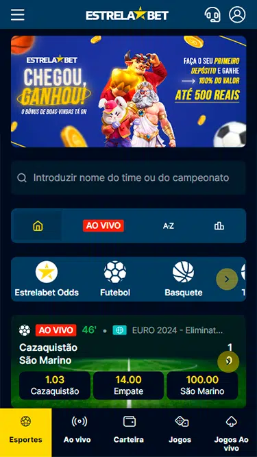 Captura da tela principal do site demonstrando o bônus Estrela.bet: 100% do primeiro depósito até 500 reais. 