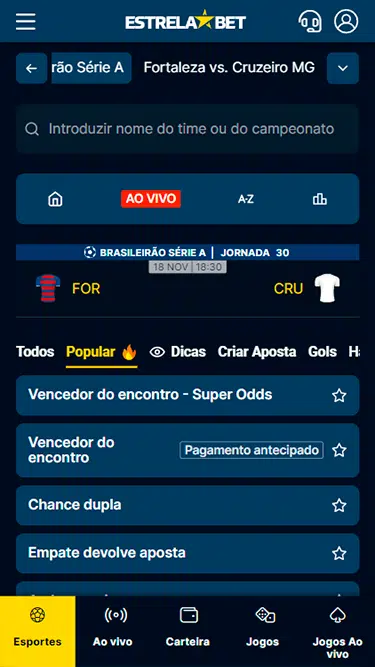 Captura de tela demonstrando os Estrelabet mercados nos quais se pode apostar: Vencedor do encontro - Super Odds, Vencedor do encontro - Pagamento antecipado, Chance Dupla, Empate devolve aposta etc. 