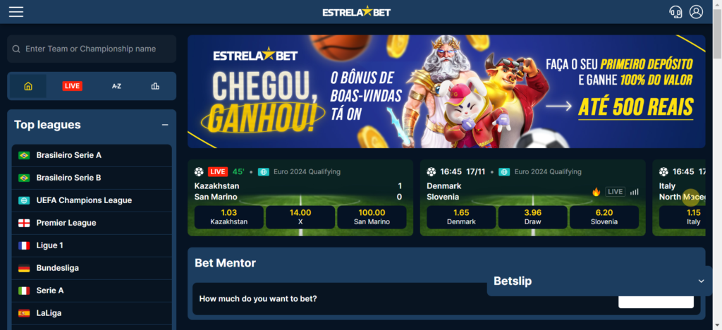 Captura de tela do website Estrelabet demonstrando a plataforma e bônus de boas-vindas de até 100% do valor até 500 reais. 