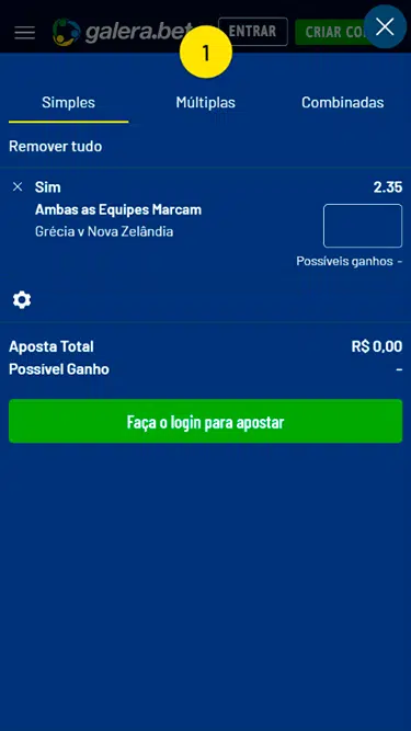 Aposta simples Galera.bet: exemplo apresenta apostas em resultado do jogo Grécia vs Nova Zelândia. 