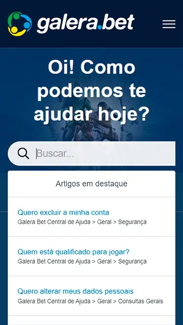 Captura de tela da página de Galera.bet atendimento ao cliente onde pode-se ler "Oi! Como podemos te ajudar hoje?" seguido de uma lista de artigos cobrindo perguntas frequentes. 