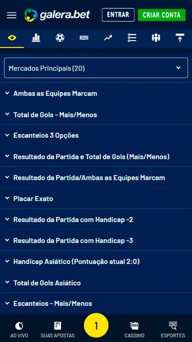 Captura de tela demonstrando os mercados Galera.bet disponíveis para apostar: Ambas as Equipes Marcam, Total de Gols - Mais/Menos, Escanteios 3 Opções, Resultado da Partida e Total de Gols (Mais/Menos), etc. 