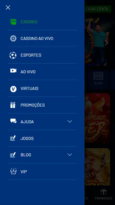 Captura de tela demonstrando as opções de navegação da plataforma Galera.bet: Cassino, Cassino Ao Vivo, Esportes, Ao Vivo, Virtuais, Promoções, Ajuda, Jogos, Blog, Vip. 