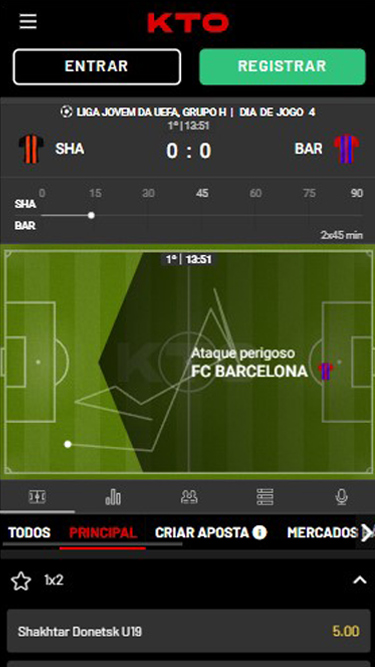 KTO apostas ao vivo: imagem de partida Shaktar Donetsk vs Barcelona sub-19 