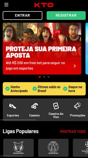 Não existe um KTO app, mas o site da KTO é responsivo no smartphone. Imagem com bônus esportes até R$200 em free bet + abas Esportes, Cassino, Cassino ao vivo, e Promoções.