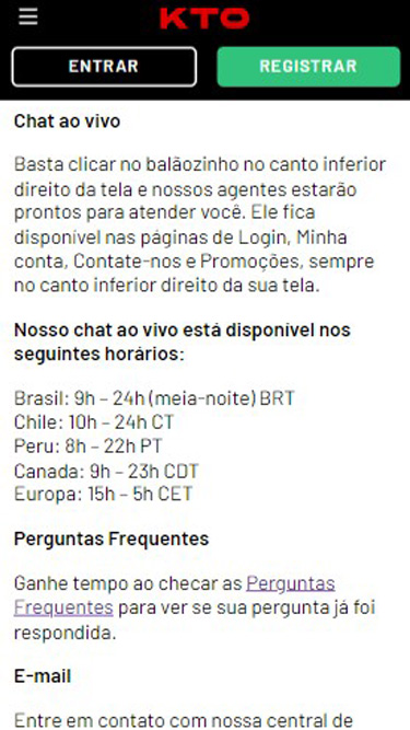 KTO Contato via e-mail, chat ao vivo, ou Perguntas frequentes.