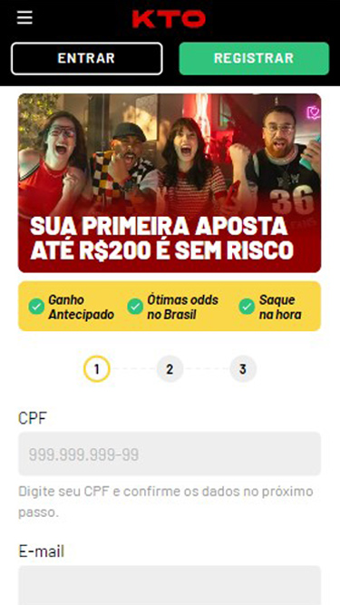 Registro KTO passo 2: deve inserir CPF e e-mail. O bônus de boas-vindas é Aposta sem risco até 200 reais.