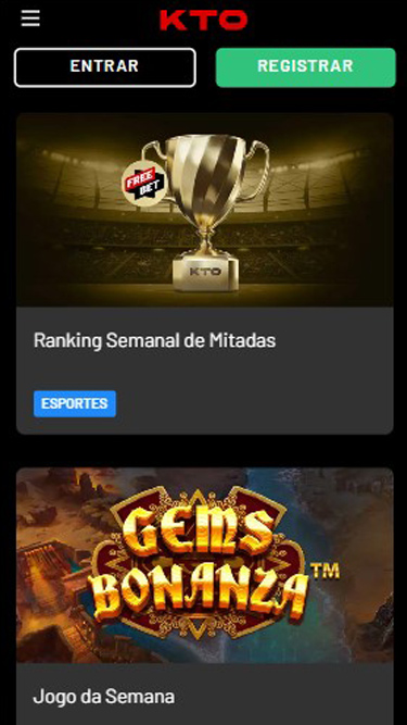 Exemplos de KTO promoções: Ranking Semanal de Mitadas para Esportes e Gems Bonanza para Cassino.