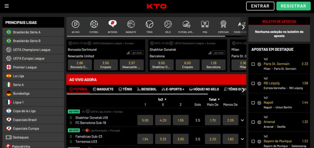 Site da KTO: Principais ligas do lado esquerdo, Ao vivo ao centro, e Apostas em destaque do lado direito. 