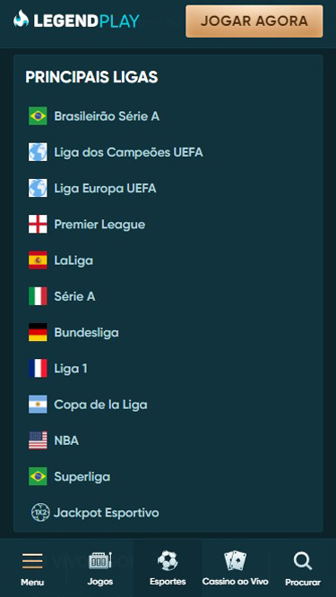 Plataforma de apostas LegendPlay tem as principais ligas como, por exemplo, Brasileirão Série A, Liga dos Campeões UEFA, Liga Europa UEFA, Premier League, La Liga, Bundesliga, e muito mais