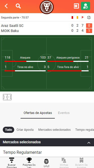 LeoVegas apostas ao vivo: imagem apresenta partida Araz Saatli vs MOIK Baru Madrid, com resultado 0-1.